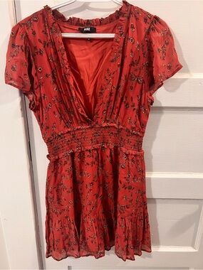 PAIGE Red Floral V-Neck Smocked Mini Dress